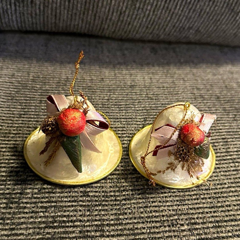 Set of 2 Pearl White Christmas Bell Ornaments Pink Bows Berries Gold Trim